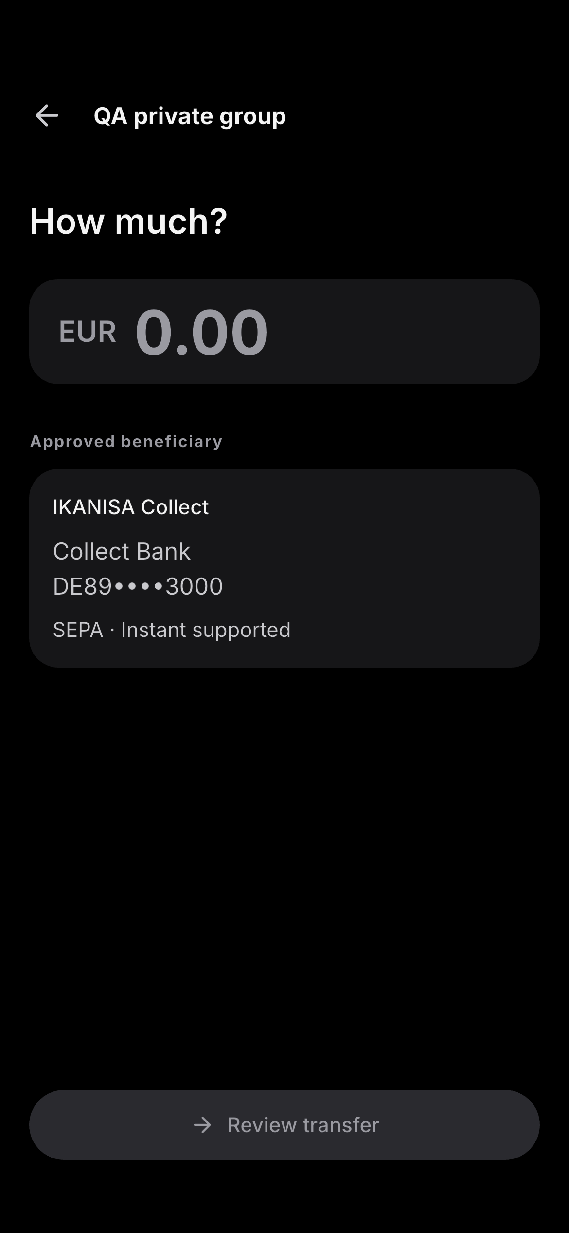 Collect diaspora contribution screen with a euro amount and example beneficiary details