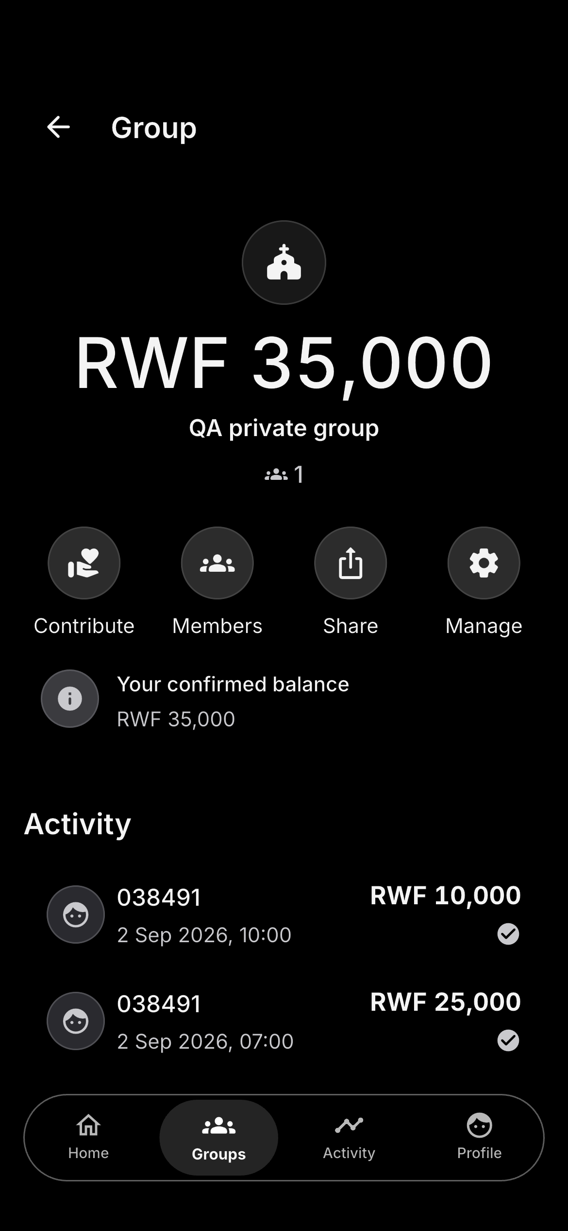 Collect group details, balance, members and contribution actions using example data