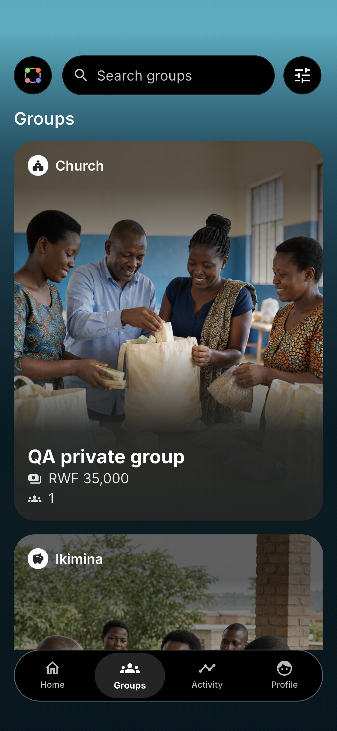 Collect Groups screen with Rwanda photo cards and example group information