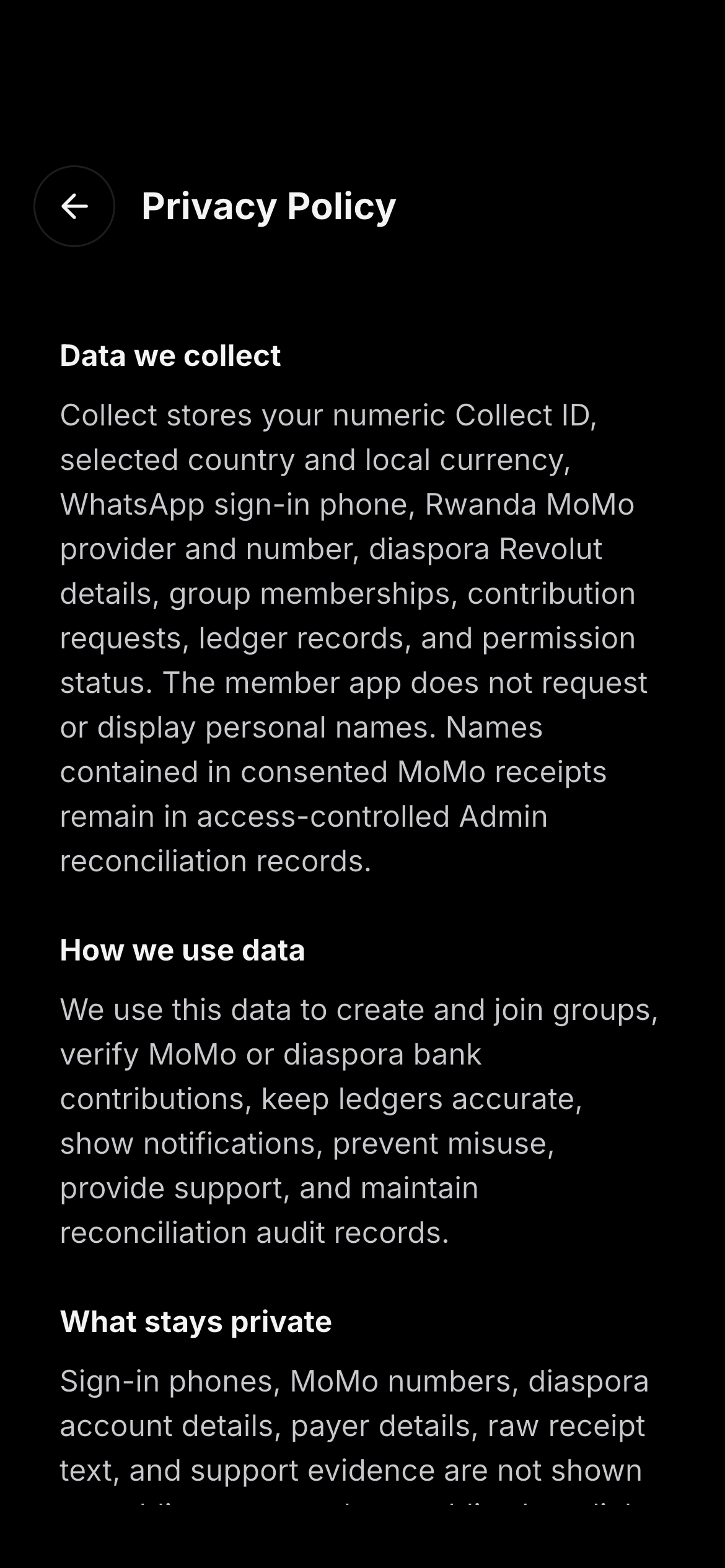 The Privacy Policy screen in the Collect app