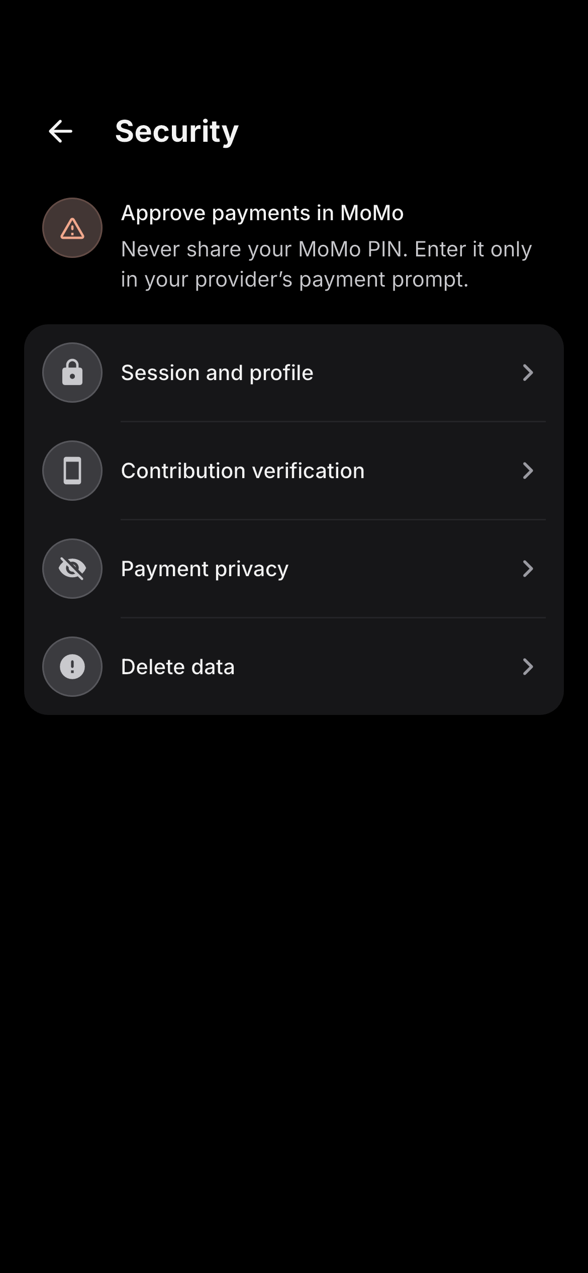 Collect security settings and MoMo payment safety information