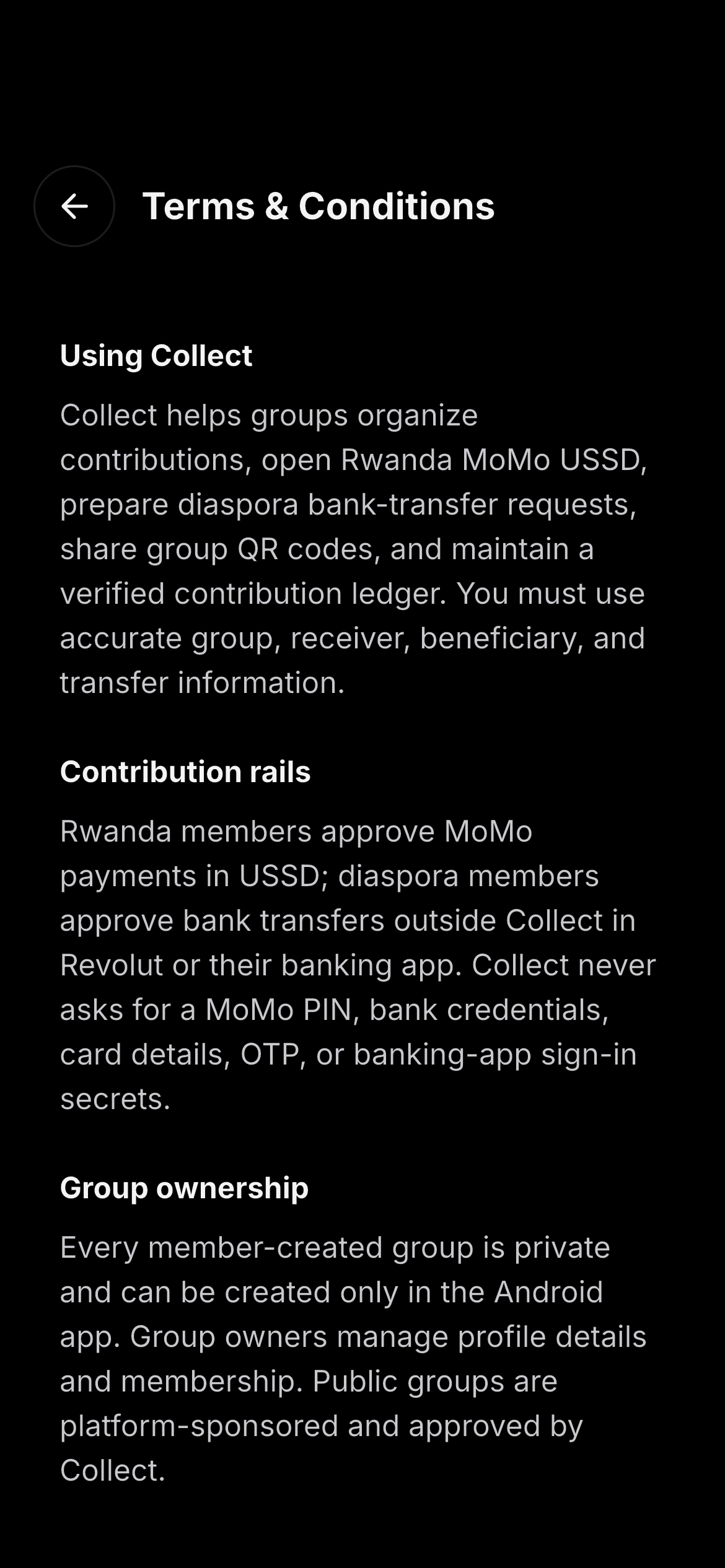 The Terms and Conditions screen in the Collect app