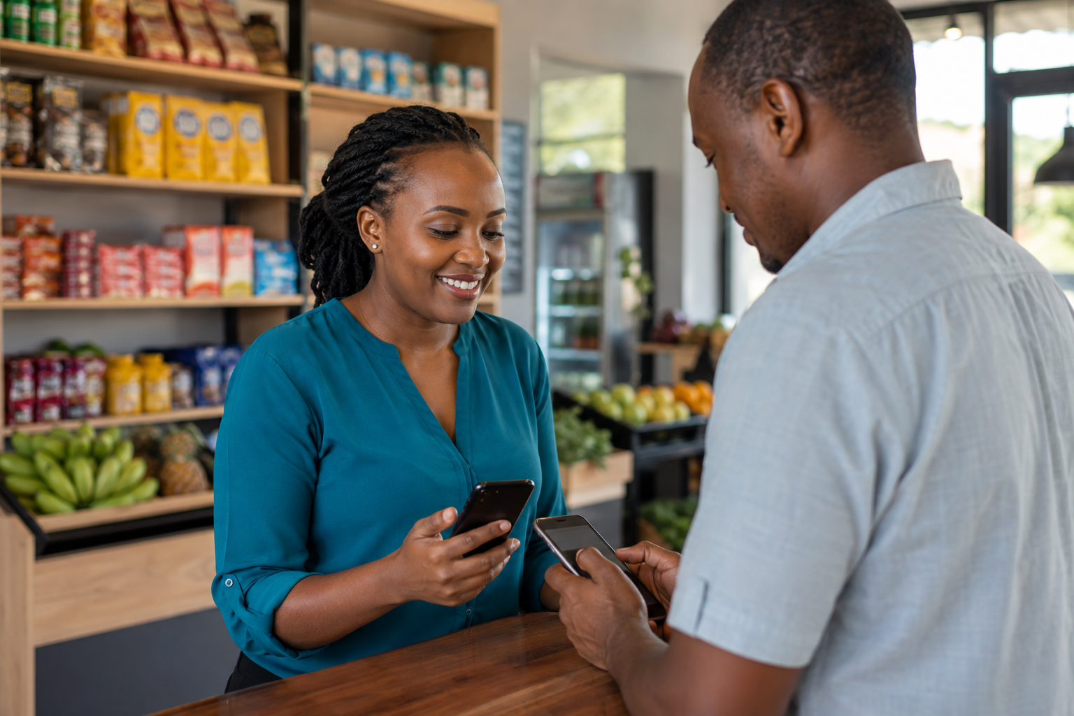 A shop owner and customer using their phones